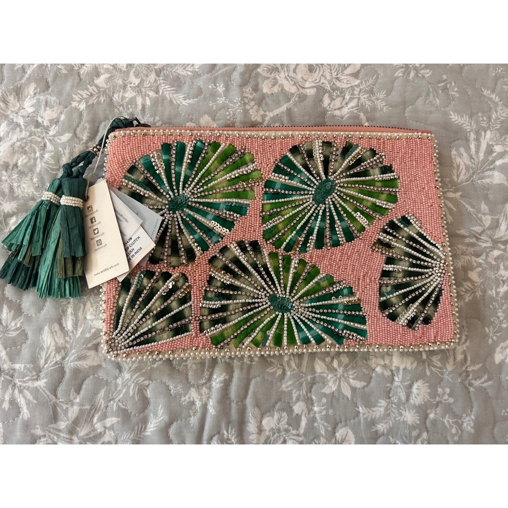 New with Tags Antik Kraft Palm Leaf Print Beaded Clutch